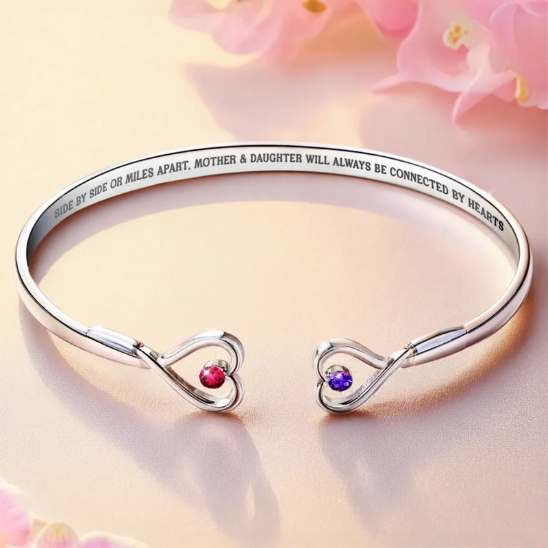 Forever Bonded, Treasured Always - Family Personalized Custom Engraved Infinity Heart Bangle With Birthstones - Mother's Day, Gift For Mom, Daughter