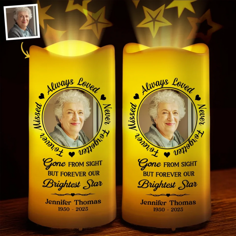 Custom Photo Forever A Light In Your Heart - Memorial Personalized Custom LED Projection Flameless Candle - Sympathy Gift For Family Members