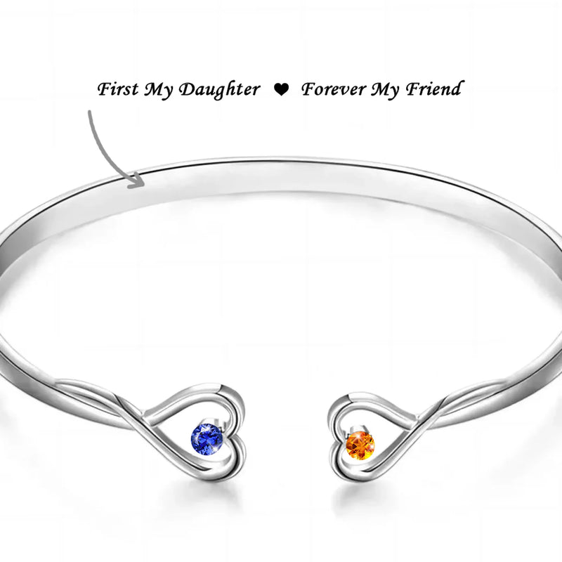 First My Mother, Forever My Friend - Family Personalized Custom Engraved Infinity Heart Bangle With Birthstones - Mother's Day, Gift For Mom, Daughter
