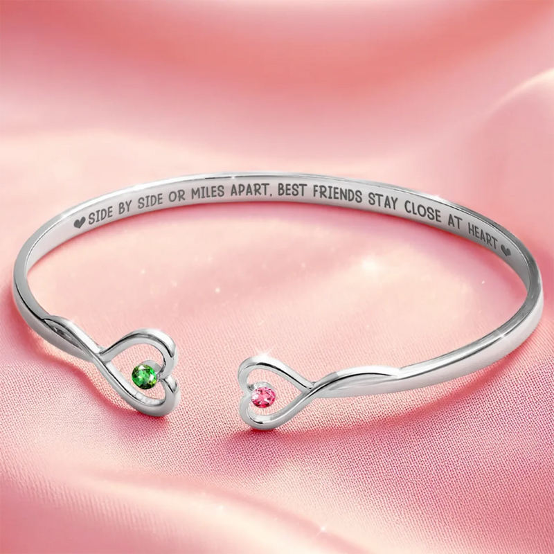 Besties For Life - Bestie Personalized Custom Engraved Infinity Heart Bangle With Birthstones - Gift For Best Friends, BFF, Sisters