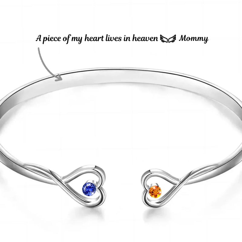 A Piece Of My Heart Lives In Heaven - Memorial Personalized Custom Engraved Infinity Heart Bangle With Birthstones - Sympathy Gift For Family Members