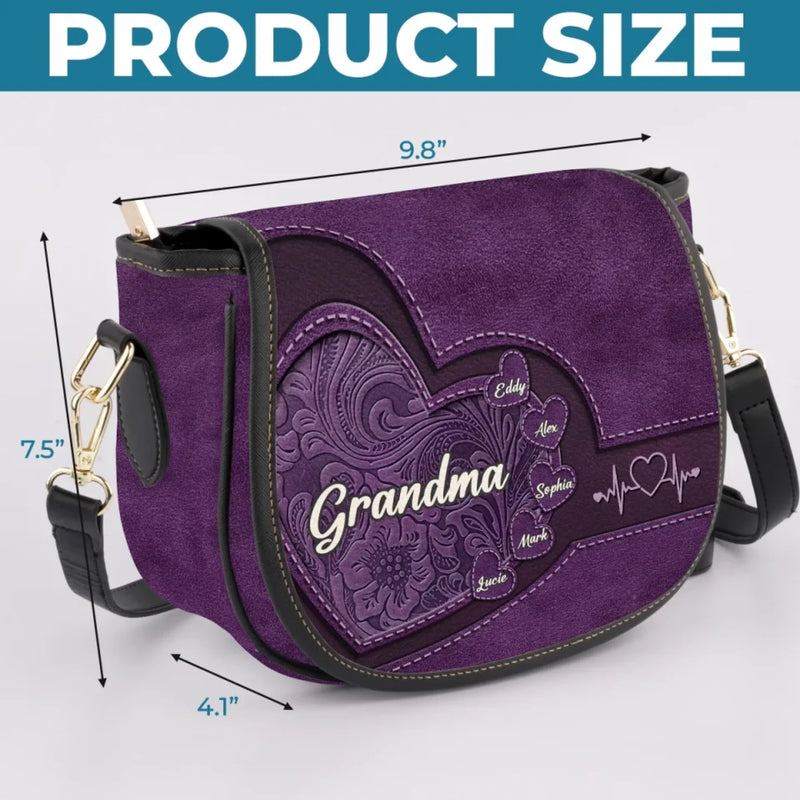 Love Written In Every Heartbeat - Family Personalized Custom Leather Saddle Bag - Mother's Day, Gift For Mom, Grandma
