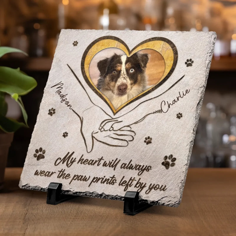 Custom Photo The Paw Prints You Left Will Stay Forever - Memorial Personalized Custom Square Shaped Stone With Stand - Sympathy Gift For Pet Owners, Pet Lovers
