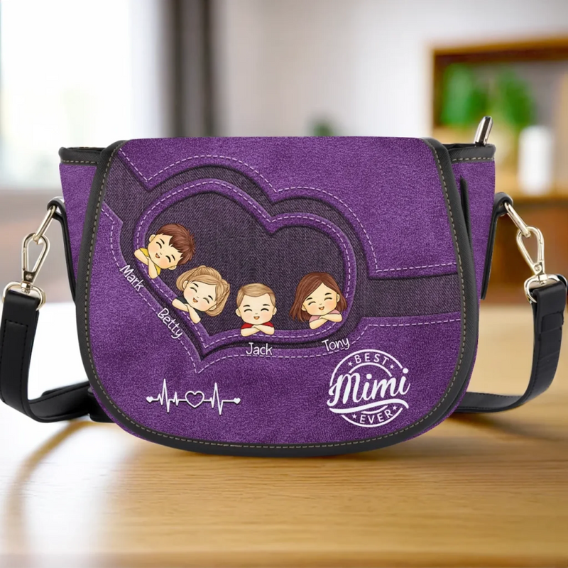 A Purse Full Of Love, A Heart Full Of Grandkids - Family Personalized Custom Leather Saddle Bag - Mother's Day, Gift For Mom, Grandma