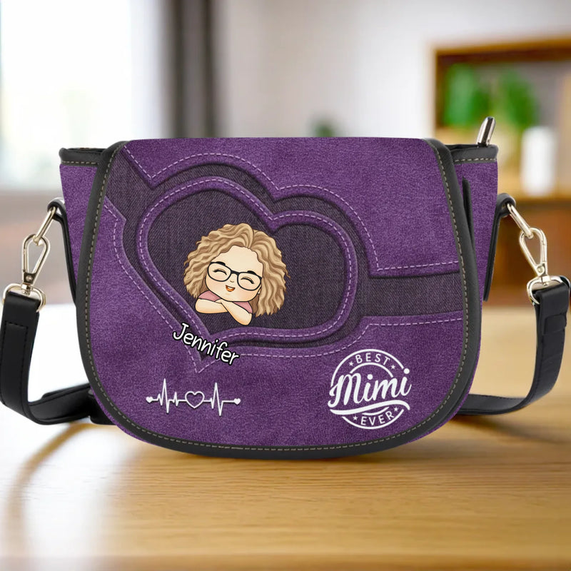 A Purse Full Of Love, A Heart Full Of Grandkids - Family Personalized Custom Leather Saddle Bag - Mother's Day, Gift For Mom, Grandma