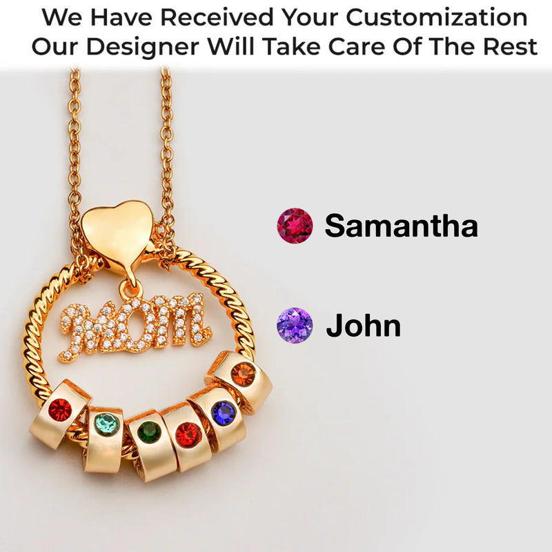 Mom’s Love, Forever Engraved - Family Personalized Custom Circle Pendant With Birthstone Beads Necklace - Mother's Day, Gift For Mom, Grandma, Wife
