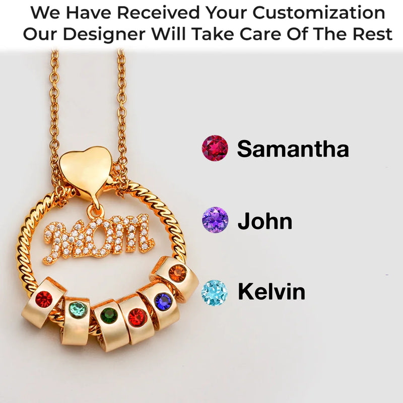 Mom’s Love, Forever Engraved - Family Personalized Custom Circle Pendant With Birthstone Beads Necklace - Mother's Day, Gift For Mom, Grandma, Wife