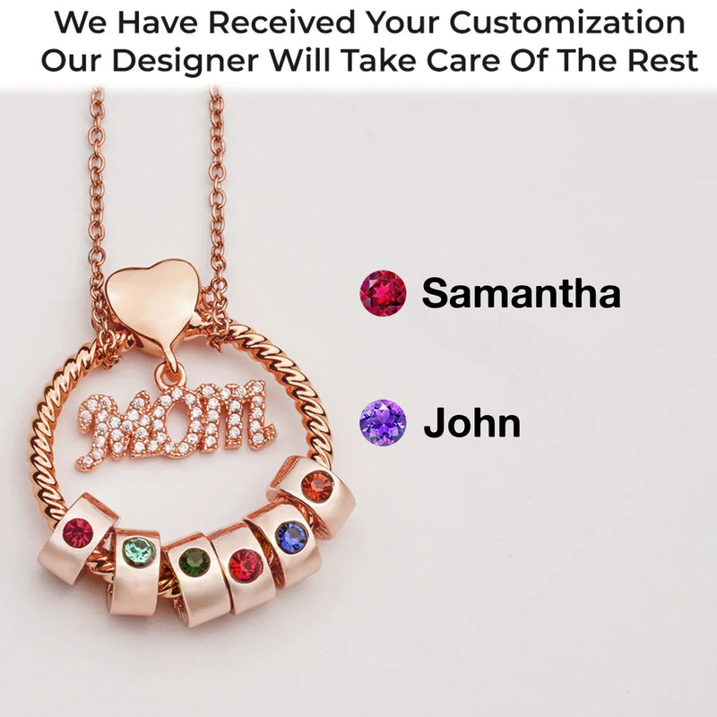 Mom’s Love, Forever Engraved - Family Personalized Custom Circle Pendant With Birthstone Beads Necklace - Mother's Day, Gift For Mom, Grandma, Wife
