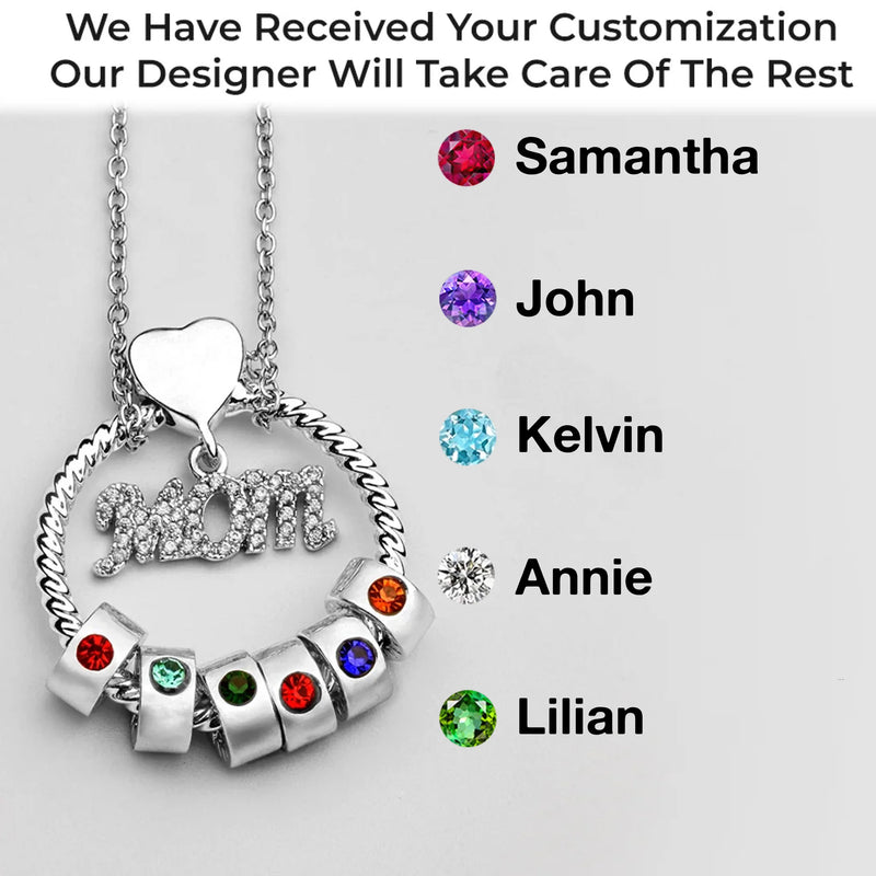 Mom’s Love, Forever Engraved - Family Personalized Custom Circle Pendant With Birthstone Beads Necklace - Mother's Day, Gift For Mom, Grandma, Wife