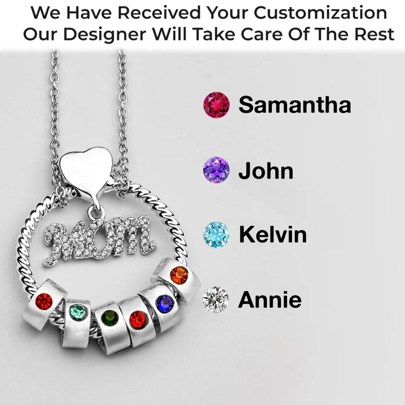 Mom’s Love, Forever Engraved - Family Personalized Custom Circle Pendant With Birthstone Beads Necklace - Mother's Day, Gift For Mom, Grandma, Wife