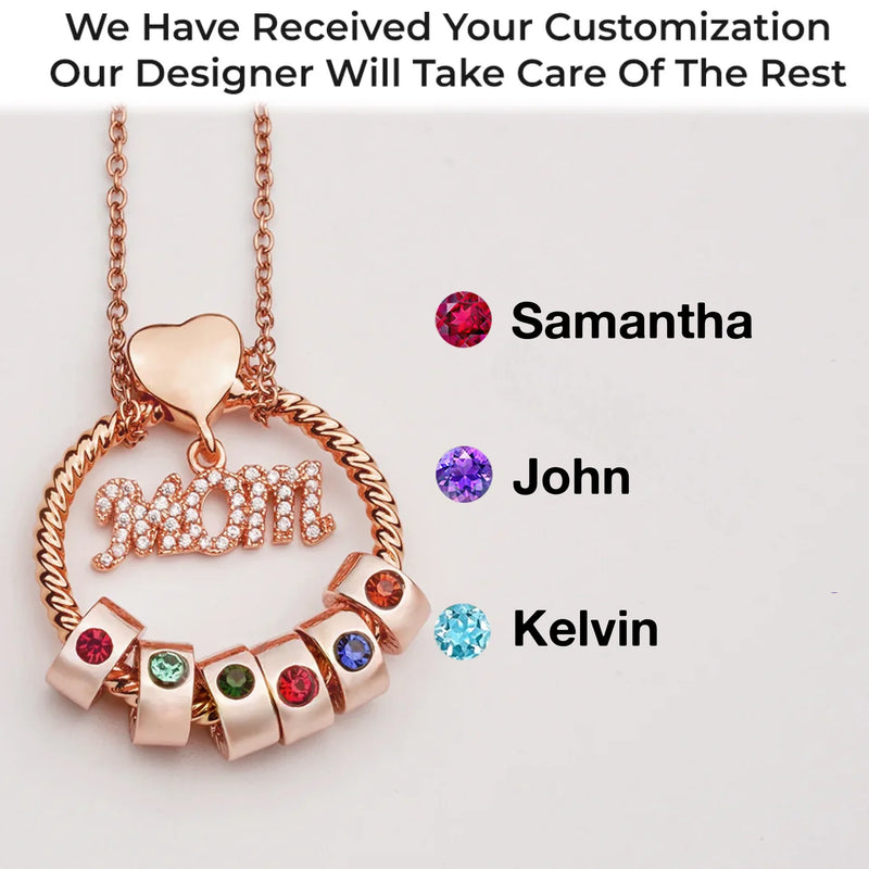 Mom’s Love, Forever Engraved - Family Personalized Custom Circle Pendant With Birthstone Beads Necklace - Mother's Day, Gift For Mom