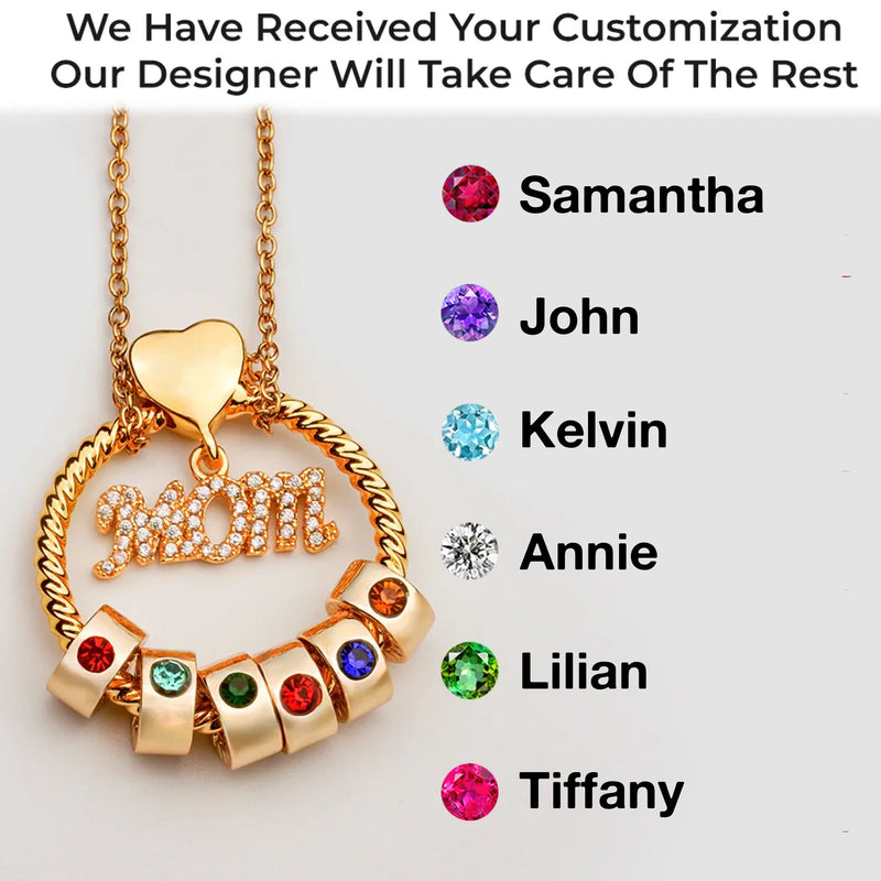Mom’s Love, Forever Engraved - Family Personalized Custom Circle Pendant With Birthstone Beads Necklace - Mother's Day, Gift For Mom, Grandma, Wife