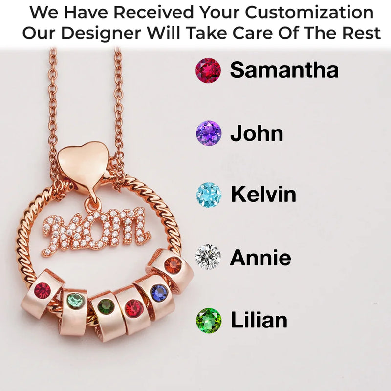 Mom’s Love, Forever Engraved - Family Personalized Custom Circle Pendant With Birthstone Beads Necklace - Mother's Day, Gift For Mom, Grandma, Wife