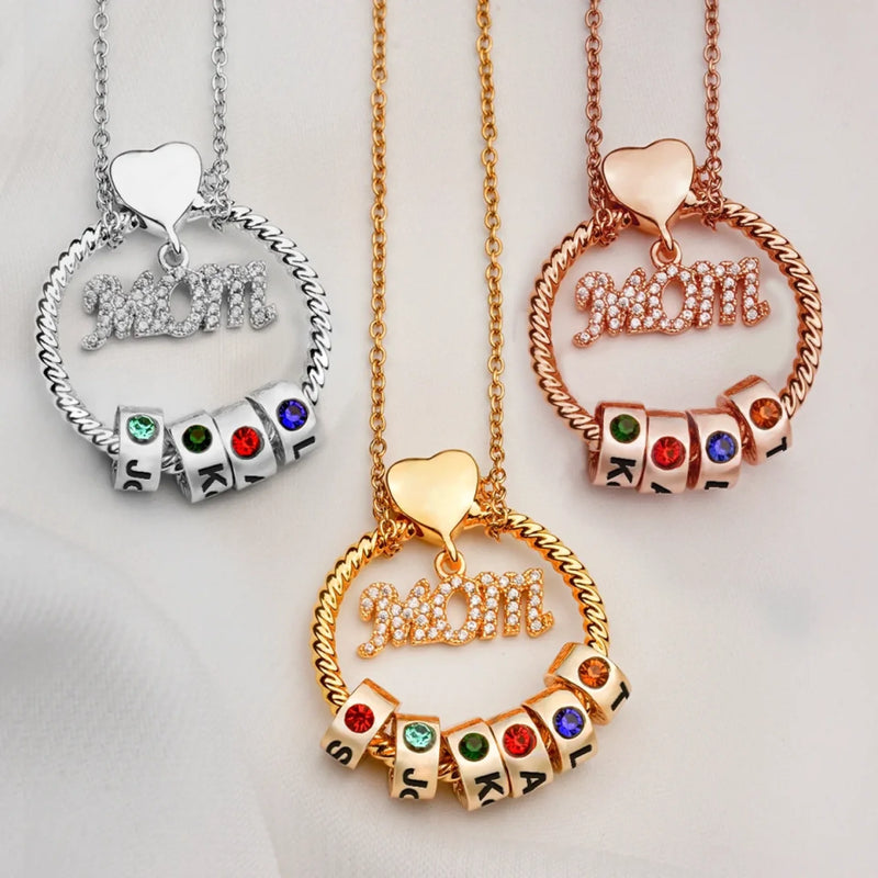 Mom’s Love, Forever Engraved - Family Personalized Custom Circle Pendant With Birthstone Beads Necklace - Mother's Day, Gift For Mom, Grandma, Wife