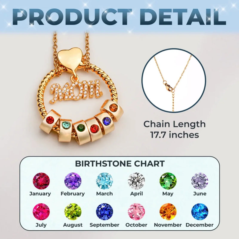 Mom’s Love, Forever Engraved - Family Personalized Custom Circle Pendant With Birthstone Beads Necklace - Mother's Day, Gift For Mom, Grandma, Wife