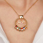 Mom’s Love, Forever Engraved - Family Personalized Custom Circle Pendant With Birthstone Beads Necklace - Mother's Day, Gift For Mom, Grandma, Wife