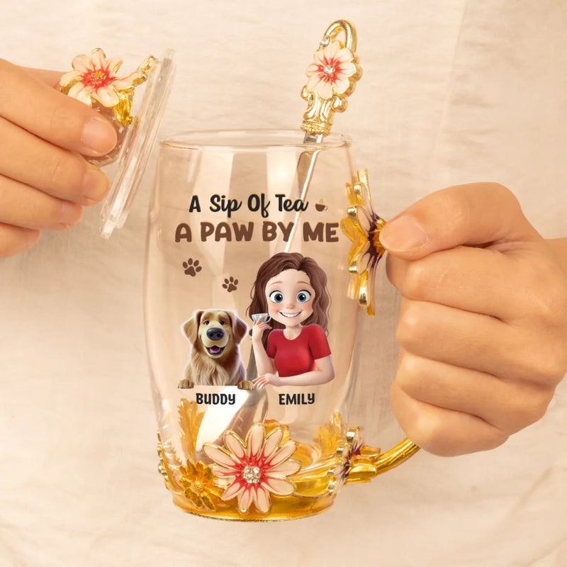 A Sip Of Tea A Paw By Me - Dog Personalized Custom Enamel Flower Tea Cup With Lid & Spoon - Gift For Pet Owners, Pet Lovers