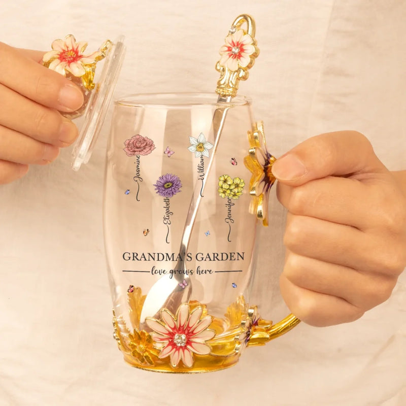 Love Grows Here - Family Personalized Custom Enamel Flower Tea Cup With Lid & Spoon - Mother's Day, Gift For Mom, Grandma