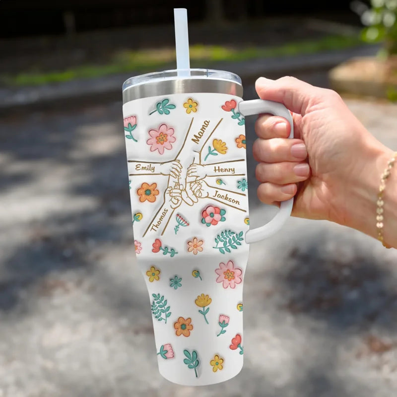 Holding Love, One Sip At A Time - Family Personalized Custom 3D Inflated Effect Printed 40 Oz Stainless Steel Tumbler With Handle - Mother's Day, Gift For Mom, Grandma