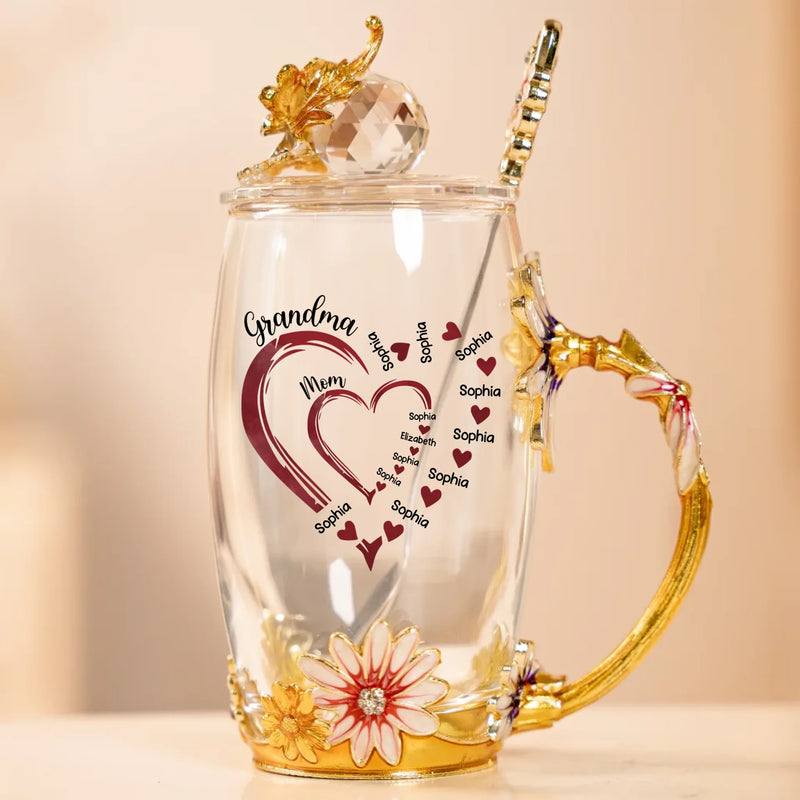 Grandma’s Heart Overflows With Love - Family Personalized Custom Enamel Flower Tea Cup With Lid & Spoon - Mother's Day, Gift For Mom, Grandma