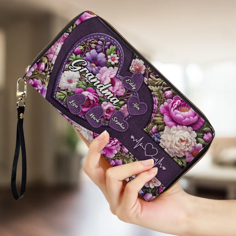 Grandma’s Heart, Where Love Always Blooms - Family Personalized Custom Leather Long Wallet - Mother's Day, Gift For Mom, Grandma