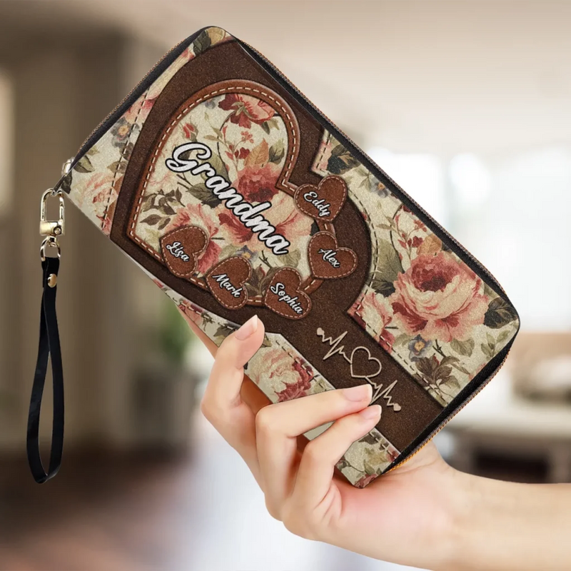 The Heart Of The Family - Family Personalized Custom Leather Long Wallet - Mother's Day, Gift For Mom, Grandma