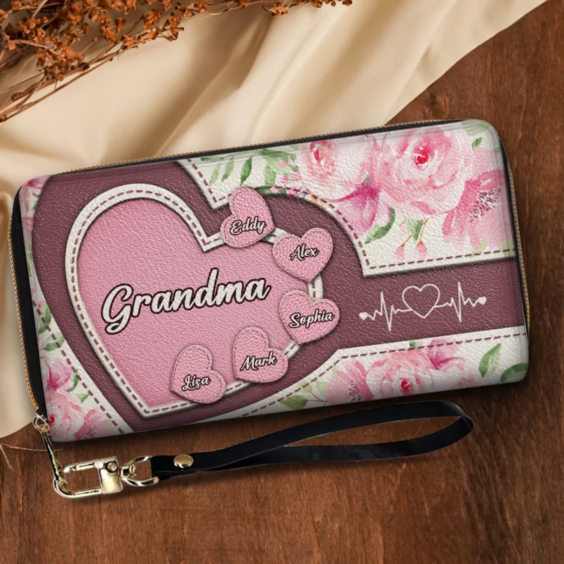 Wrapped In Grandma’s Heartstrings - Family Personalized Custom Leather Long Wallet - Mother's Day, Gift For Grandma, Grandparent