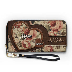 Le cœur de la famille - Portefeuille long en cuir personnalisé pour la famille - Cadeau pour la fête des mères, maman, grand-mère
