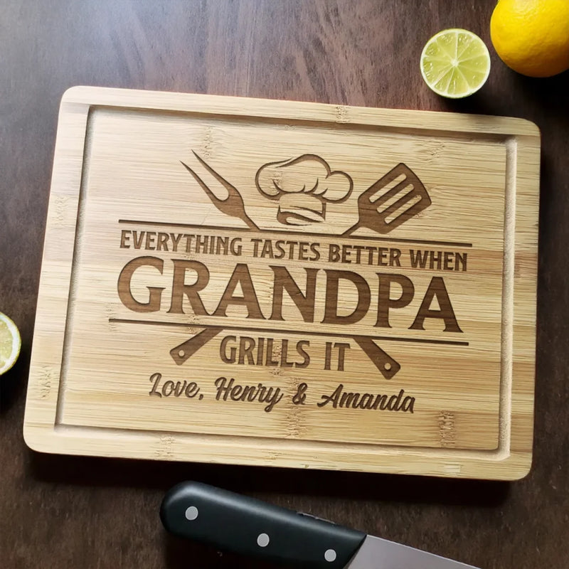 Everything Tastes Better When Grandpa Grills It - Family Personalized Custom Engraved Wooden Cutting Board - Father's Day, Gift For Grandpa, Dad