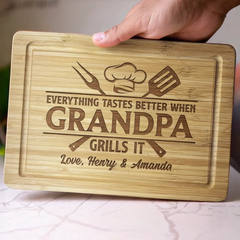 Everything Tastes Better When Grandpa Grills It - Family Personalized Custom Engraved Wooden Cutting Board - Father's Day, Gift For Grandpa, Dad