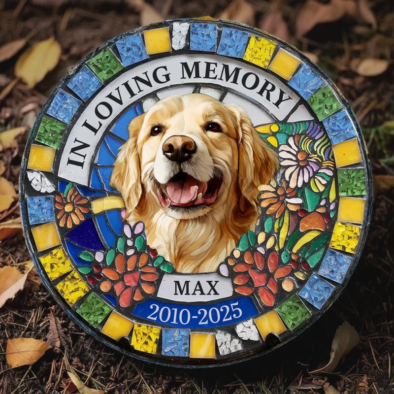 Custom Photo Never Out Of My Thoughts - Memorial Personalized Custom 3D Mosaic Faux Stained Glass Print Round Shaped Memorial Stone - Sympathy Gift For Pet Owners, Pet Lovers