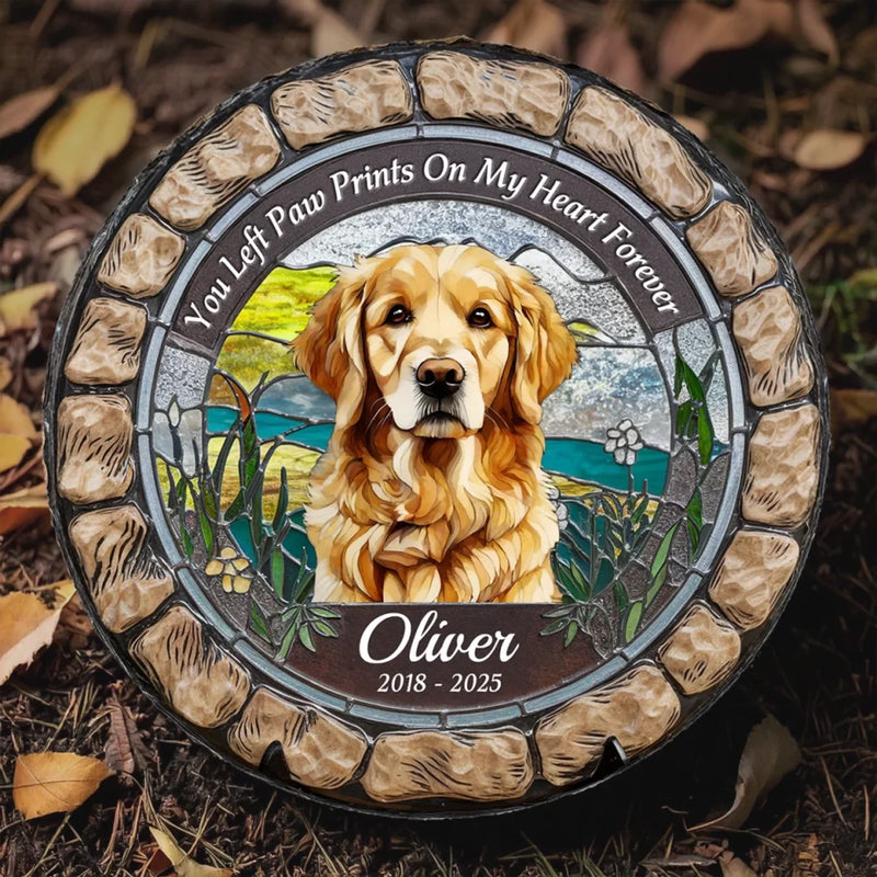 Custom Photo You Left Paw Prints On My Heart Forever - Memorial Personalized Custom 3D Mosaic Faux Stained Glass Print Round Shaped Memorial Stone - Sympathy Gift For Pet Owners, Pet Lovers