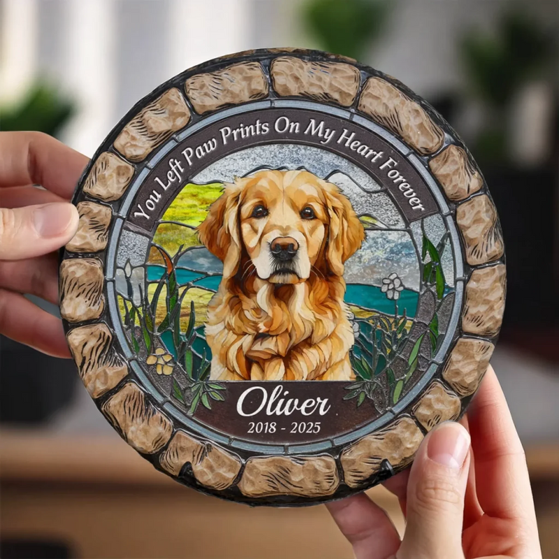 Custom Photo You Left Paw Prints On My Heart Forever - Memorial Personalized Custom 3D Mosaic Faux Stained Glass Print Round Shaped Memorial Stone - Sympathy Gift For Pet Owners, Pet Lovers