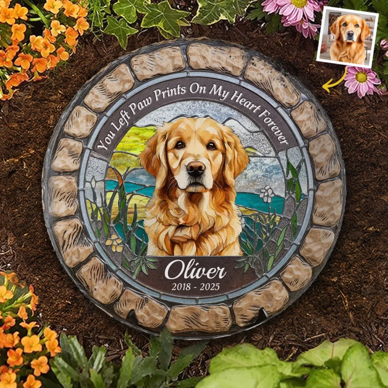 Custom Photo You Left Paw Prints On My Heart Forever - Memorial Personalized Custom 3D Mosaic Faux Stained Glass Print Round Shaped Memorial Stone - Sympathy Gift For Pet Owners, Pet Lovers