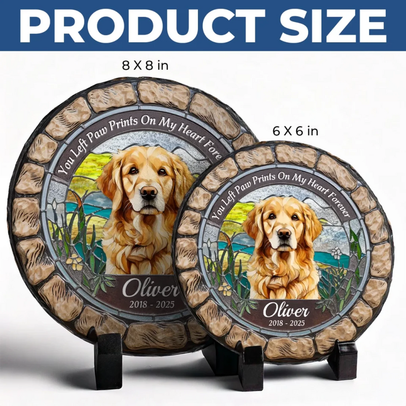Custom Photo You Left Paw Prints On My Heart Forever - Memorial Personalized Custom 3D Mosaic Faux Stained Glass Print Round Shaped Memorial Stone - Sympathy Gift For Pet Owners, Pet Lovers