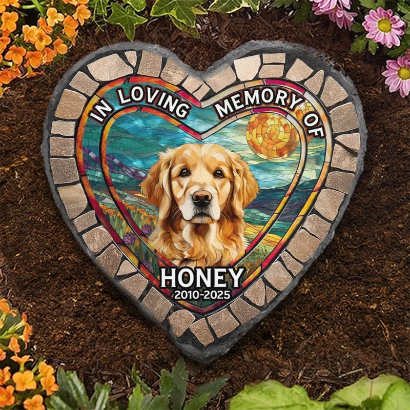 Custom Photo In Loving Memory Of - Memorial Personalized Custom 3D Mosaic Faux Stained Glass Print Heart Shaped Stone With Stand - Sympathy Gift For Pet Owners, Pet Lovers