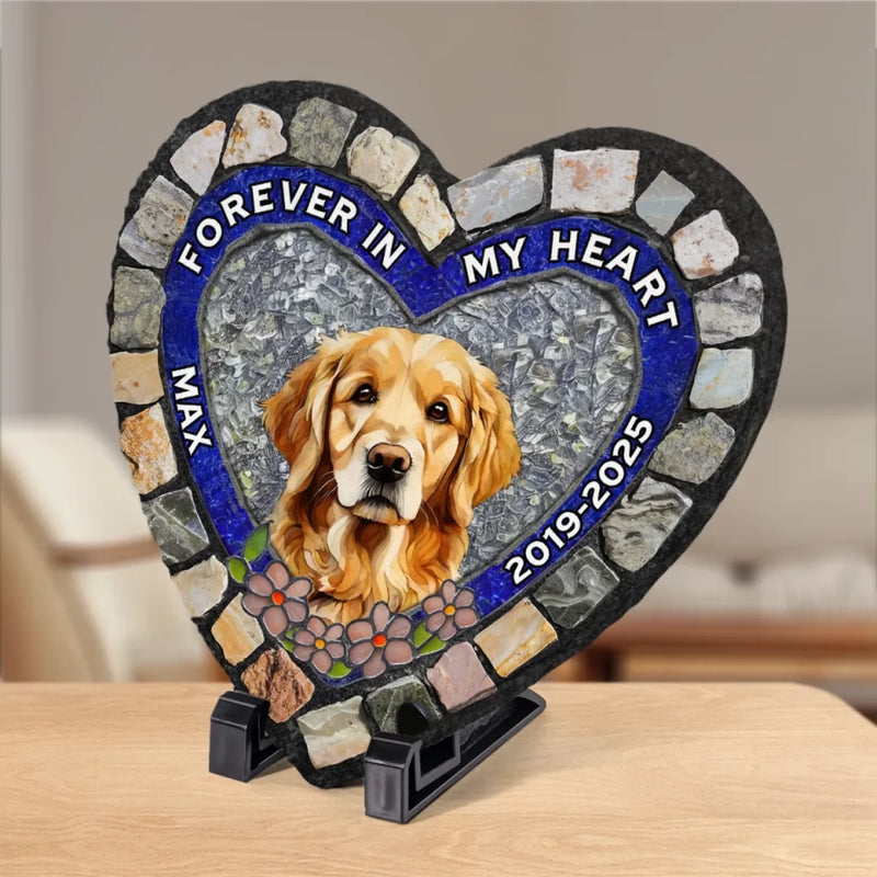 Custom Photo Forever My Furry Angel - Memorial Personalized Custom 3D Mosaic Faux Stained Glass Print Heart Shaped Stone With Stand - Sympathy Gift For Pet Owners, Pet Lovers