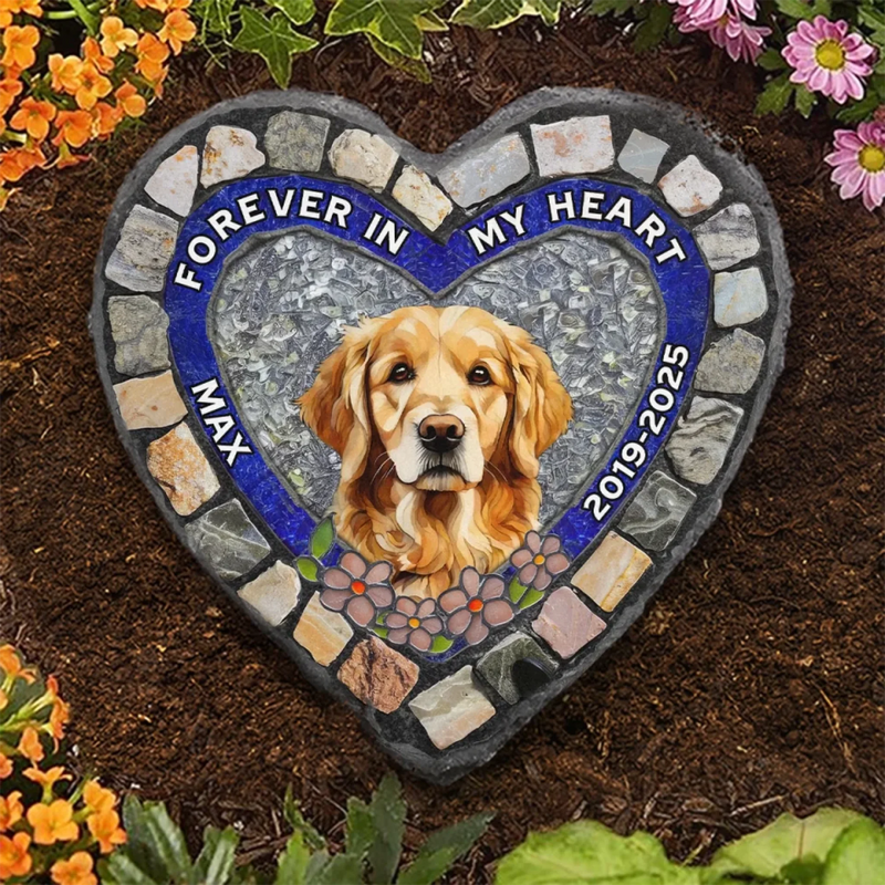 Custom Photo Forever My Furry Angel - Memorial Personalized Custom 3D Mosaic Faux Stained Glass Print Heart Shaped Stone With Stand - Sympathy Gift For Pet Owners, Pet Lovers