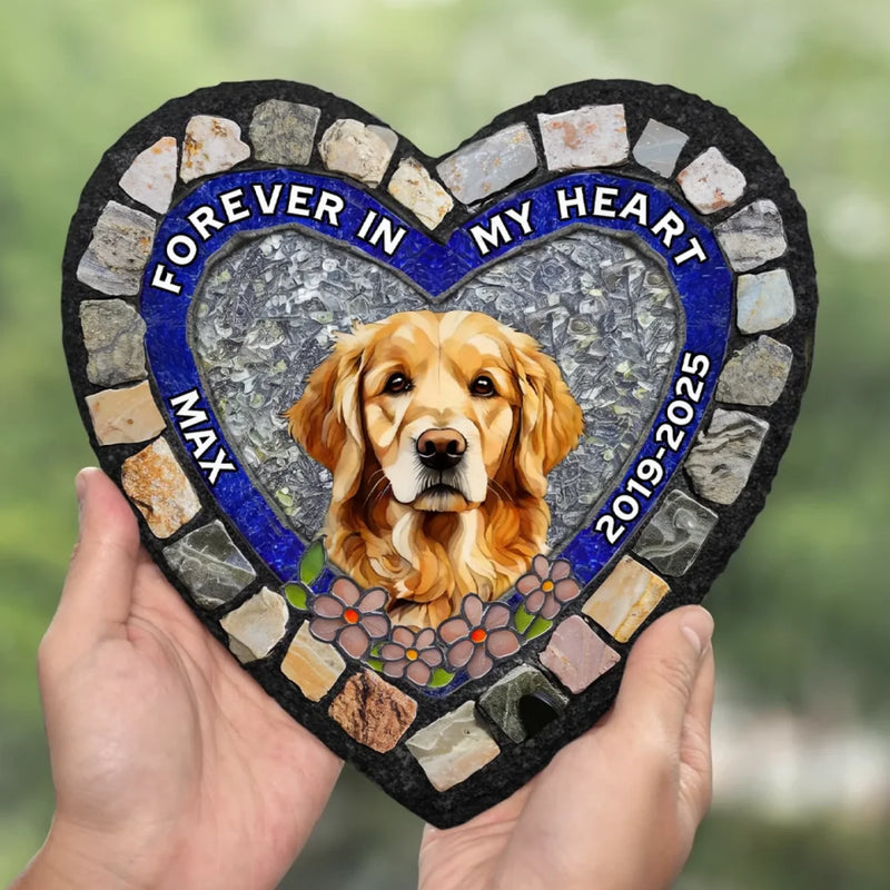 Custom Photo Forever My Furry Angel - Memorial Personalized Custom 3D Mosaic Faux Stained Glass Print Heart Shaped Stone With Stand - Sympathy Gift For Pet Owners, Pet Lovers