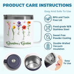 Her Garden Grows With Laughter & Little Feet - Family Personalized Custom 14oz Stainless Steel Tumbler With Handle - Mother's Day, Gift For Grandma