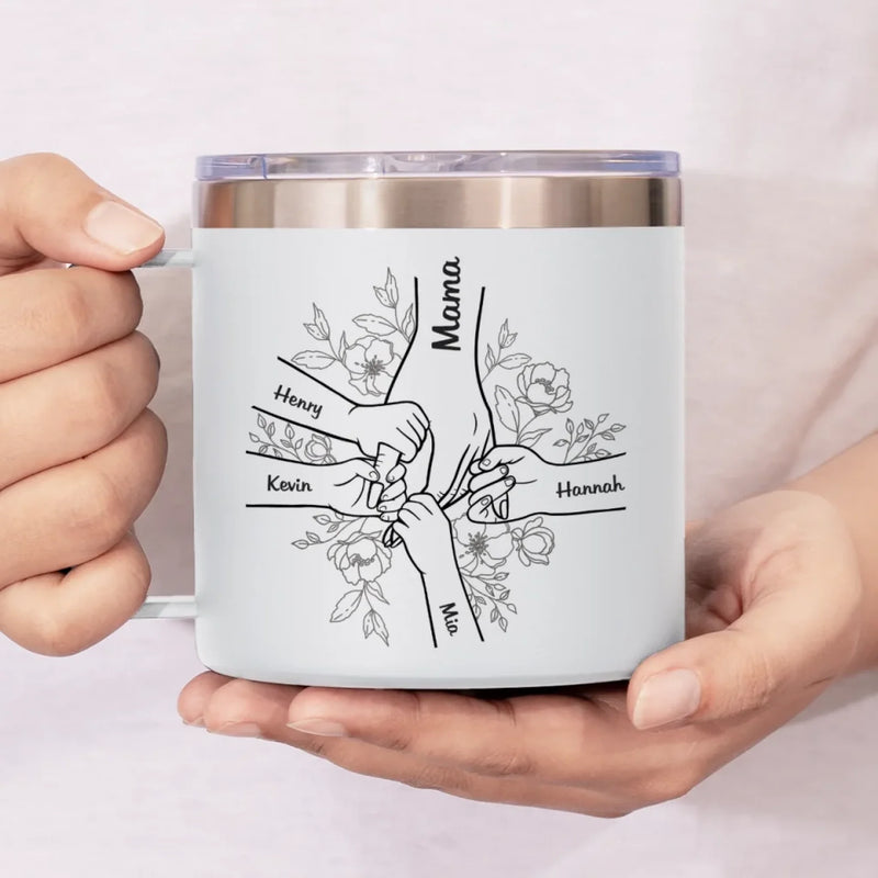 Forever Her Children, Forever In Her Hands - Family Personalized Custom 14oz Stainless Steel Tumbler With Handle - Mother's Day, Gift For Mom, Grandma