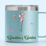 Her Garden Grows With Laughter & Little Feet - Family Personalized Custom 14oz Stainless Steel Tumbler With Handle - Mother's Day, Gift For Grandma