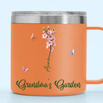 Her Garden Grows With Laughter & Little Feet - Family Personalized Custom 14oz Stainless Steel Tumbler With Handle - Mother's Day, Gift For Grandma