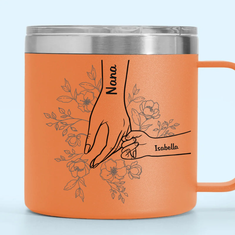 Forever Her Children, Forever In Her Hands - Family Personalized Custom 14oz Stainless Steel Tumbler With Handle - Mother's Day, Gift For Mom, Grandma