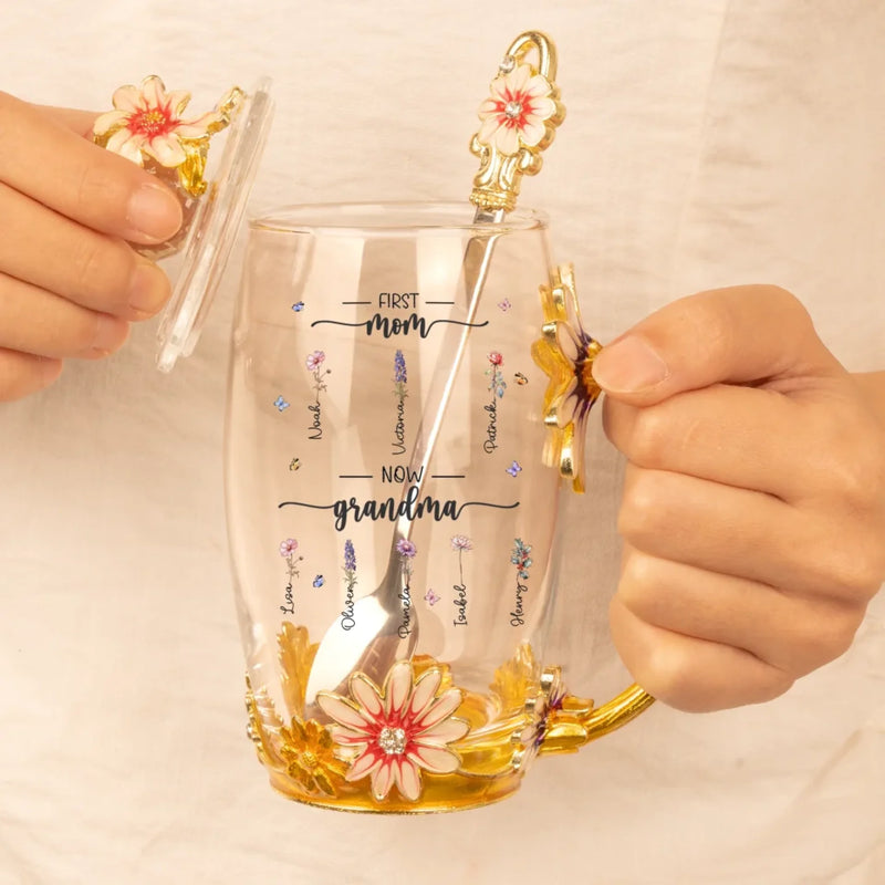Love Blooms Across Generations - Family Personalized Custom Enamel Flower Tea Cup With Lid & Spoon - Mother's Day, Gift For Mom, Grandma