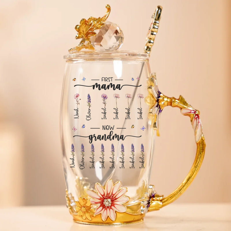 Love Blooms Across Generations - Family Personalized Custom Enamel Flower Tea Cup With Lid & Spoon - Mother's Day, Gift For Mom, Grandma