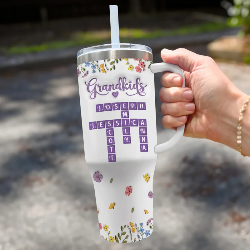 My Heart In Crossword Form - Family Personalized Custom 3D Inflated Effect Printed 40 Oz Stainless Steel Tumbler With Handle - Mother's Day, Gift For Mom, Grandma