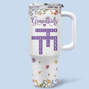 Mon cœur sous forme de mots croisés - Gobelet personnalisé en acier inoxydable avec poignée, effet gonflé 3D, imprimé, 40 oz - Cadeau pour la fête des mères, pour maman et grand-mère