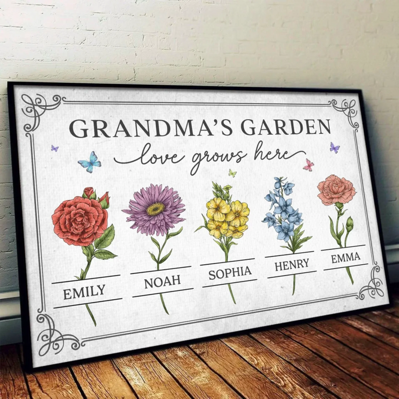 Watered By Hugs & Sunshine - Family Personalized Custom Horizontal Poster - Mother's Day, Gift For Grandma, Mom