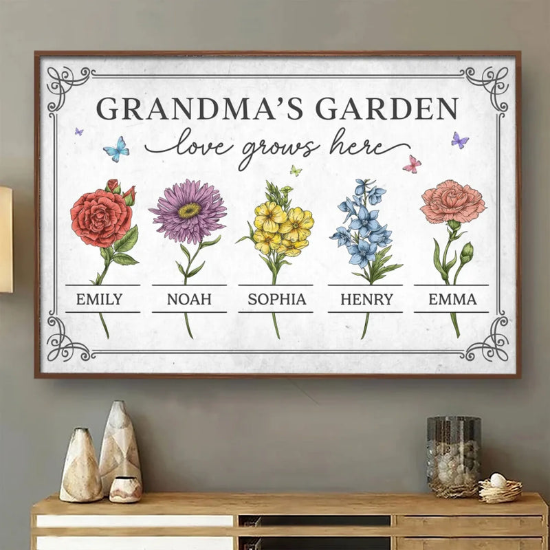 Watered By Hugs & Sunshine - Family Personalized Custom Horizontal Poster - Mother's Day, Gift For Grandma, Mom